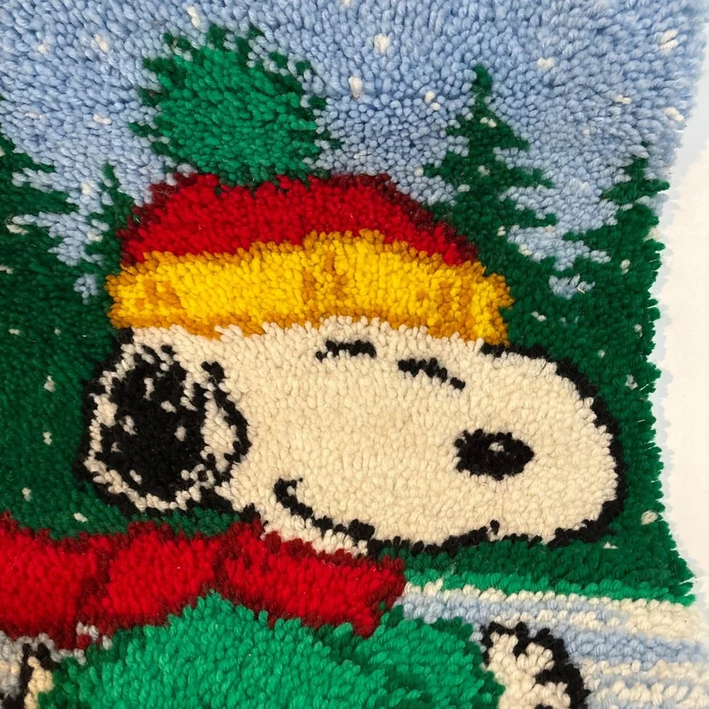 Vintage Snoopy Peanuts Latch Hook Rug Wall Hanging Ice Skating Winter Scene